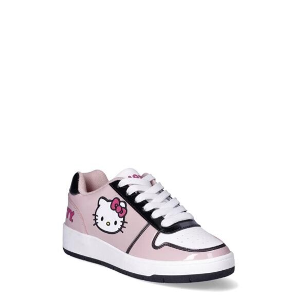 Shoes - Women's Pink Casual Court Sneakers Lace-up Closure Hello Kitty Design Patent PU